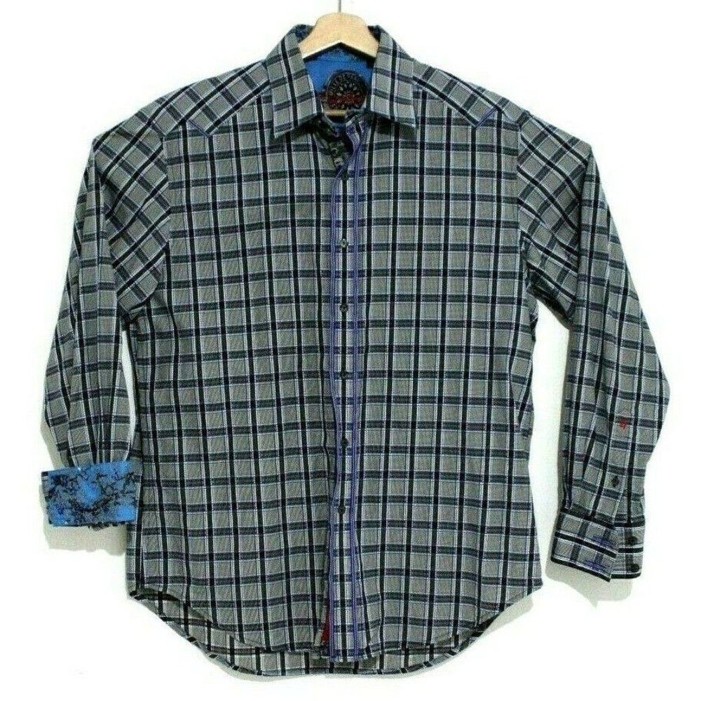 Robert Graham Men Size L Blue Plaid Ville Pais Embroidered Flip Cuff Button Down